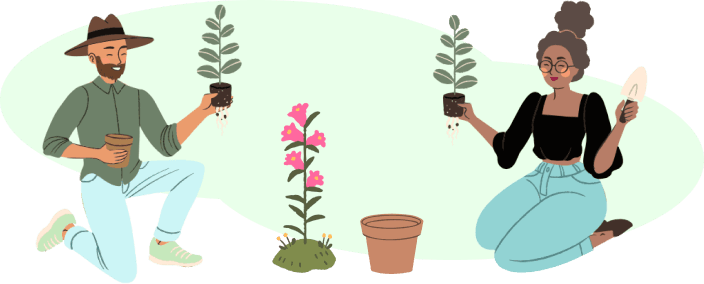 Male and female gardener planting pot plants